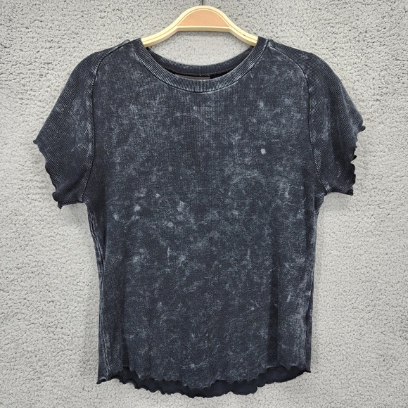 Midnight Hour Ribbed Tee Women's Large Gray Acid Wash Lettuce Hem Short Sleeve - Picture 1 of 8